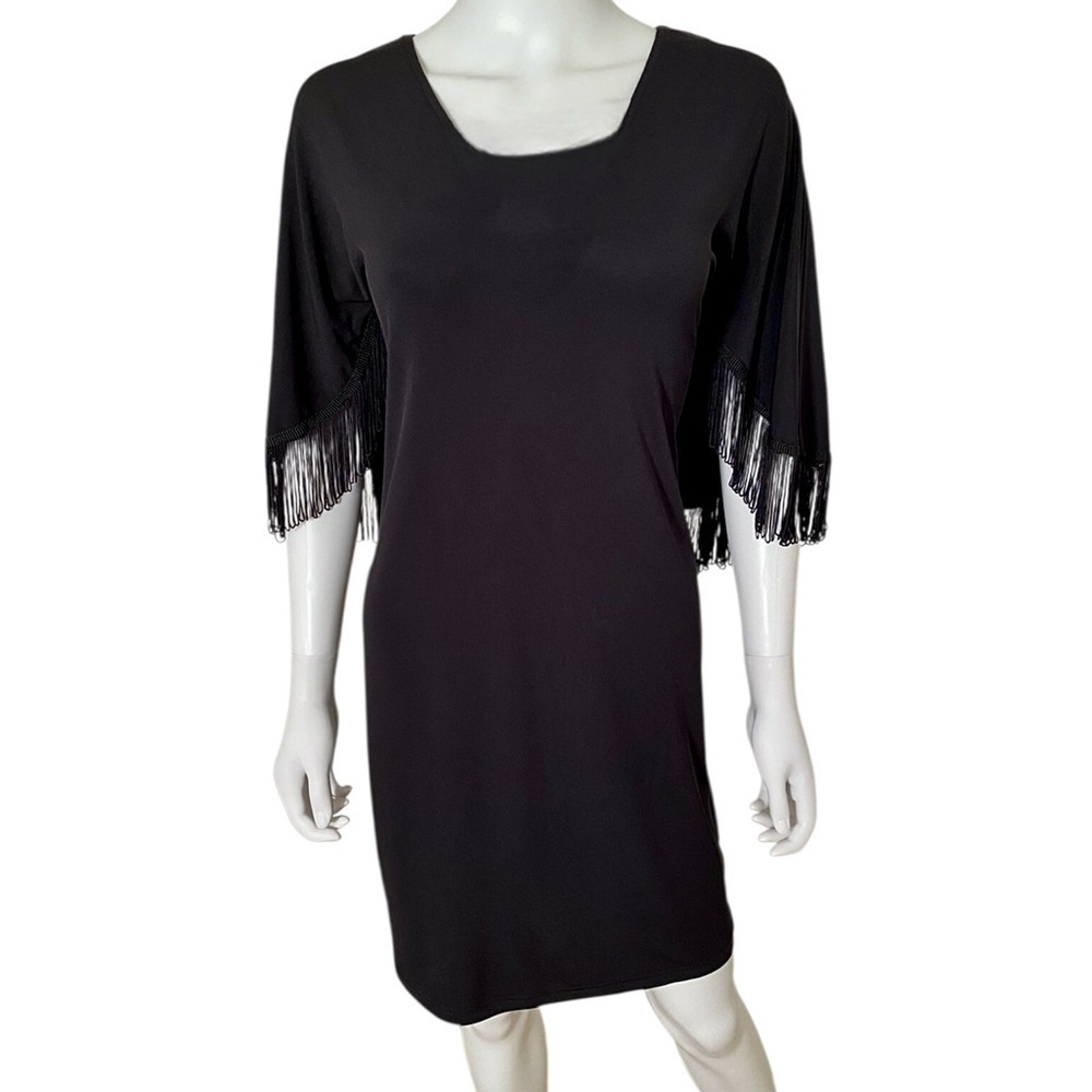 Spense Black Fringe Dress Long Sleeve Scoop Neck Pullover Size 8